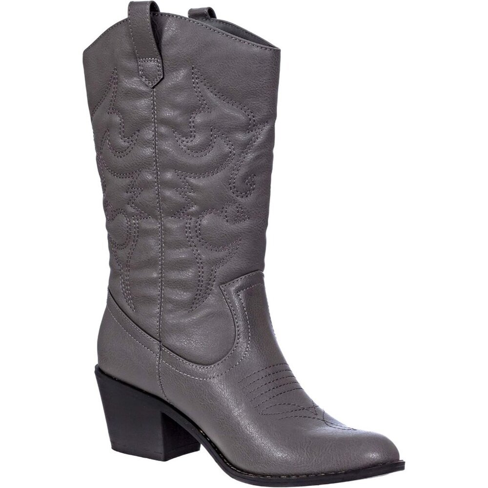 Women's Grey Mid Calf Boot Embroidered Stiching Western Cowgirl Boots Low Heel